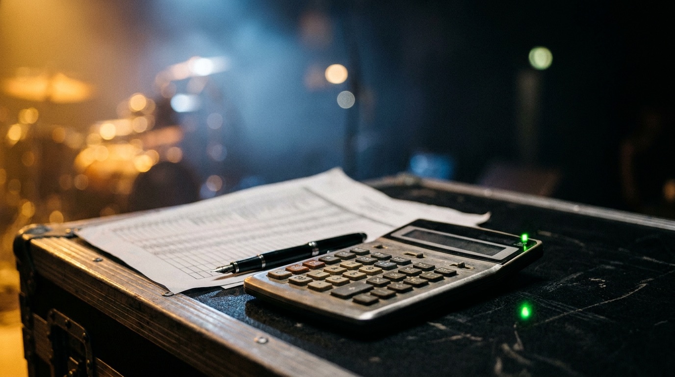 A calculator, a fountain pen, and a ruled ledger sheet on a matte-black road case backstage, with a blurred drum kit and warm stage lights glowing in the background