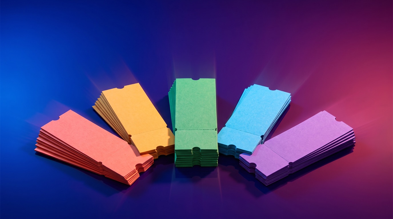 Five separate stacks of blank event ticket stubs, each a different color (coral, amber, green, cyan, violet), arranged in a clean arc against a deep blue-to-magenta gradient studio background with dramatic hard light and crisp shadows, suggesting one audience sorted into distinct targeted segments