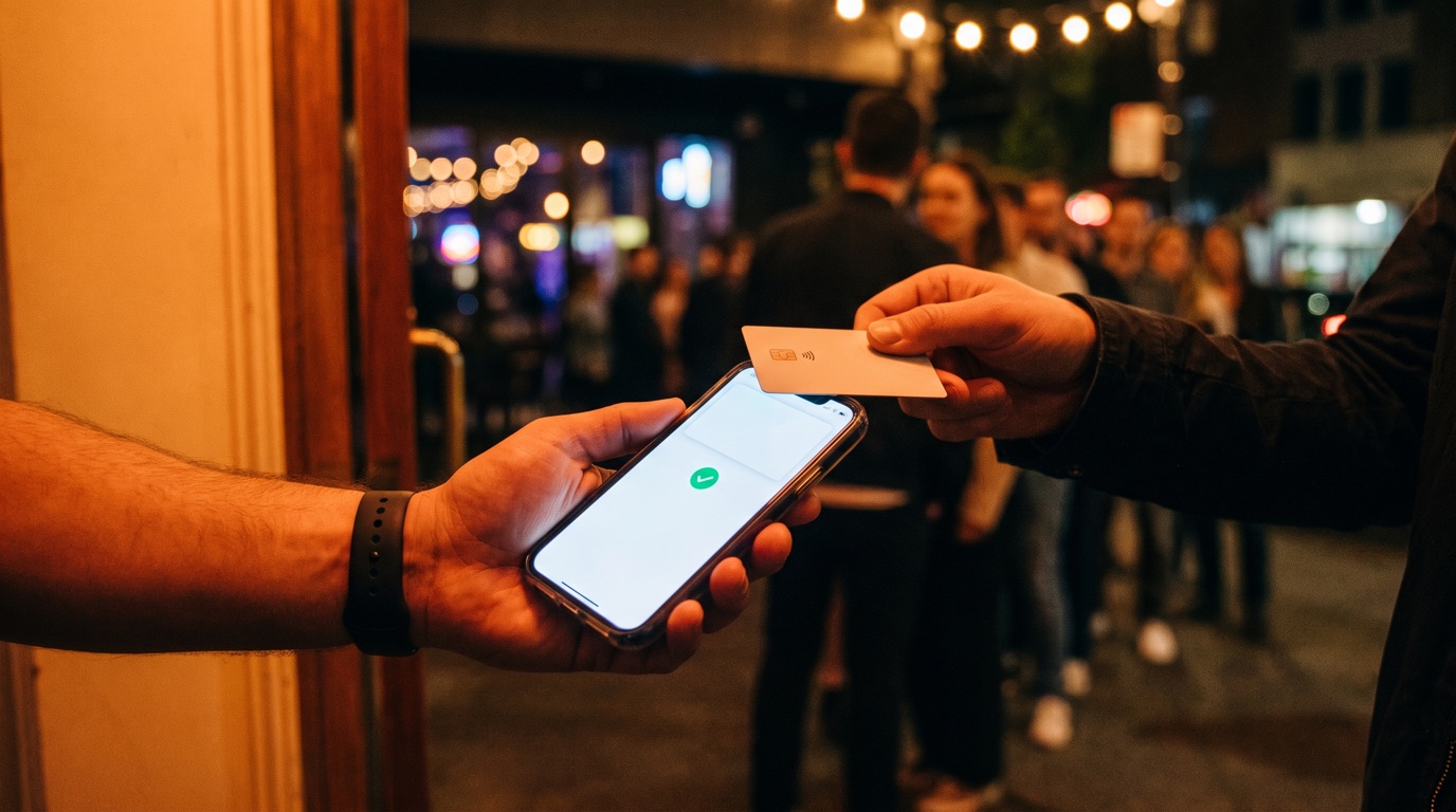 A close detail of an event staffer holding a phone at a venue entrance while a guest taps a credit card against it to pay, warm doorway light behind them