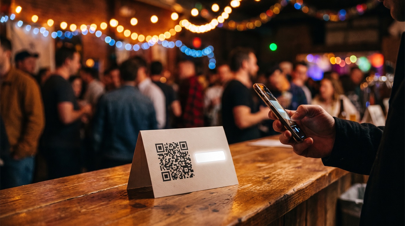 A folded QR sign-up card standing on a wooden bar top with a blank glowing field beside the code, a hand holding a phone up to scan it, a warm blurred crowd and string lights filling the event behind