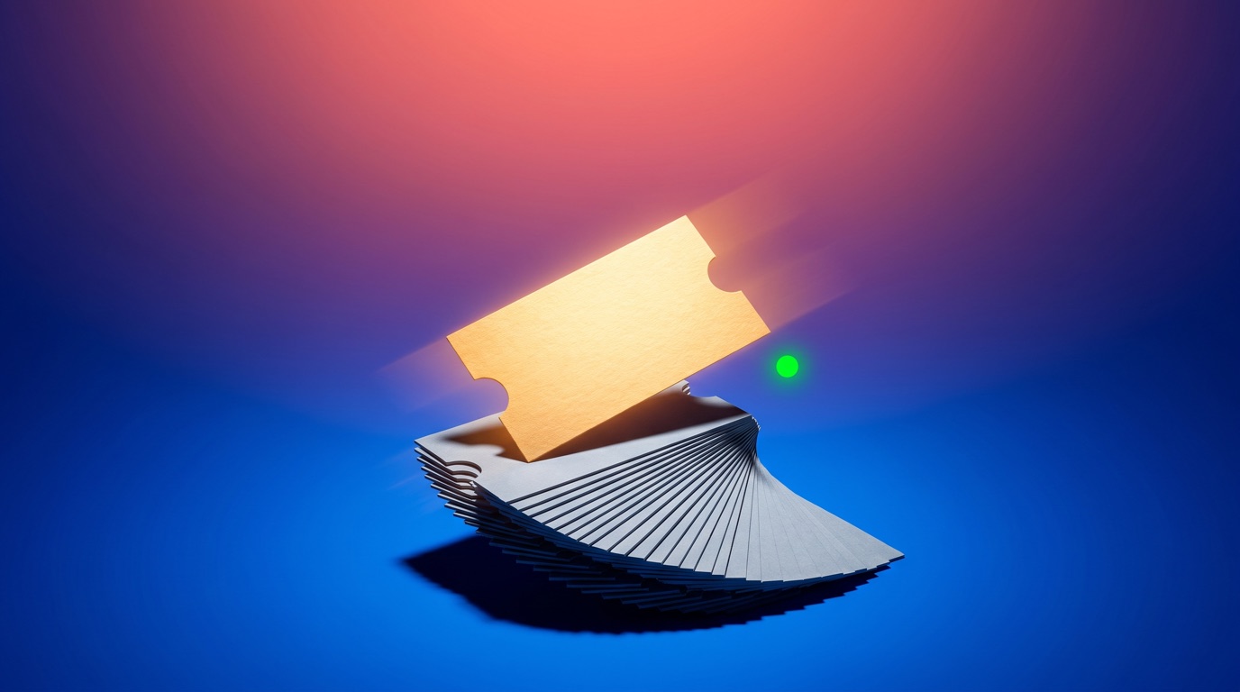 A single glowing golden ticket lifted out of a neat fanned stack of plain paper tickets against a deep blue-to-coral gradient, dramatic studio light and crisp shadow