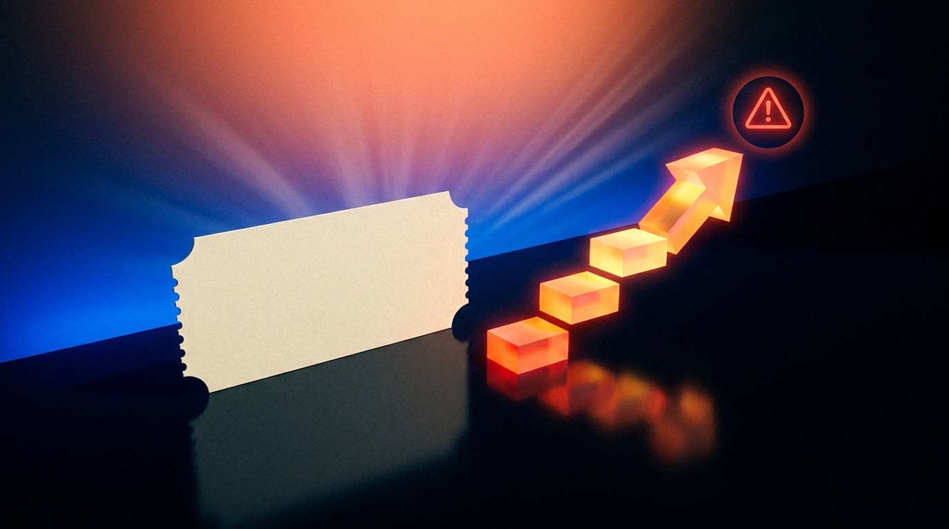 A single blank cream ticket stub on a dark reflective surface against a saturated blue-to-coral gradient, beside it a glowing amber stepped-block arrow climbing upward to the right and pointing toward a small red warning-triangle icon at the top of the frame