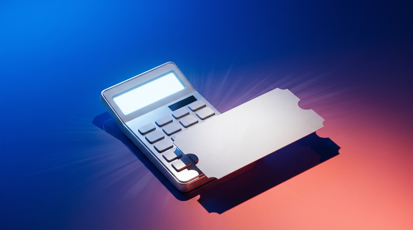 A silver desk calculator with a blank glowing display sits on a diagonal beside a large blank notched ticket stub, set against a deep electric-blue to warm-coral color-gradient background with light streaks and a crisp hard shadow, clean negative space in the upper-left frame