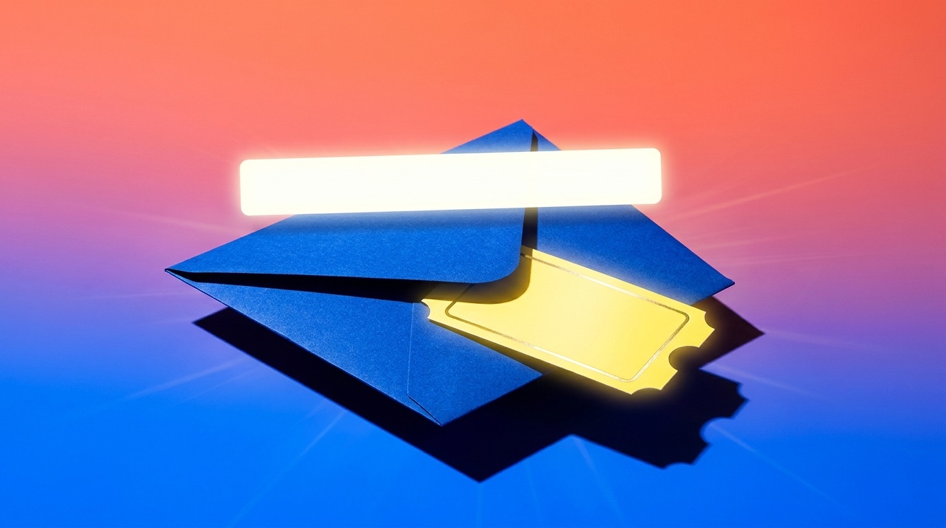 A bold graphic still-life of a blue envelope with a yellow event ticket stub sliding out and a blank glowing subject-line bar floating above it, on a saturated blue-to-coral gradient with hard studio light and radiating light streaks