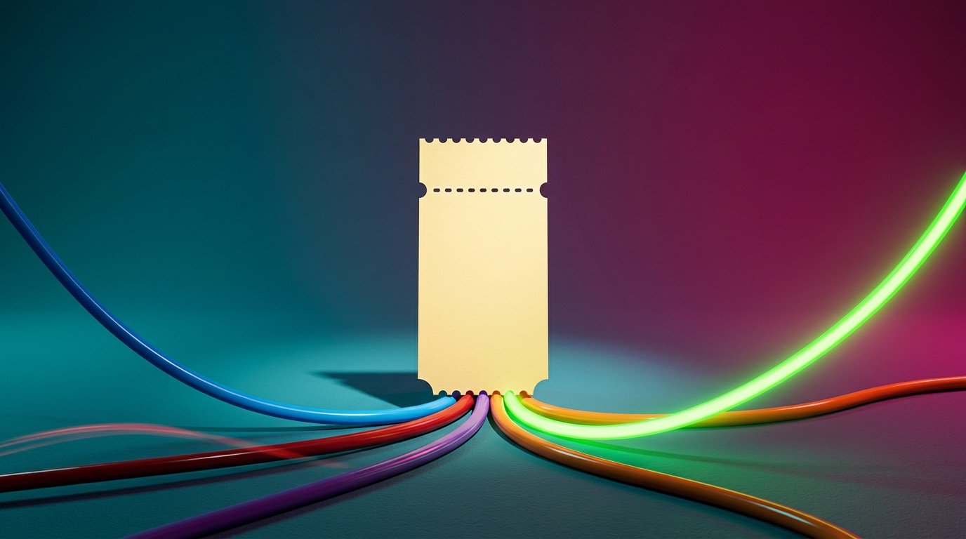 A single blank cream-yellow ticket stub standing upright at the center of a deep teal-to-magenta gradient, with five glossy colored cables curving in from the edges of the frame and converging at its base, only one of them glowing bright electric green