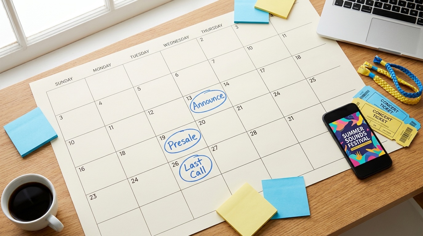 Event promotion calendar with weekly milestones, phone showing a social post, and printed schedule on an organizer desk