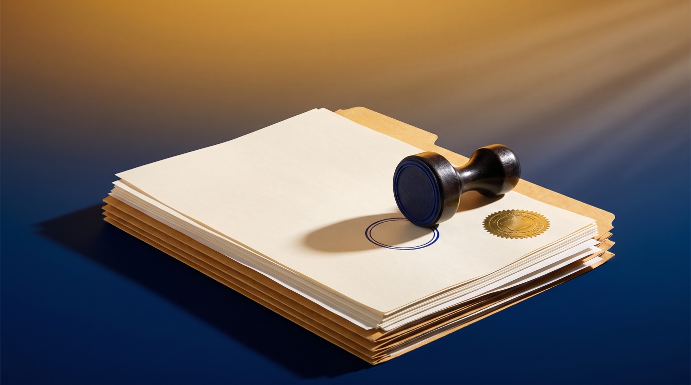 A thick manila folder of blank documents lit dramatically on a desk, topped by an official rubber stamp resting beside its fresh circular ink impression and a small embossed gold seal, against a deep navy-to-amber gradient background