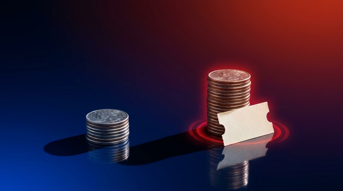 Two stacks of coins of very different heights on a glossy surface, a short stack beside a much taller one with a blank paper ticket stub leaning against it, on a blue-to-red gradient, representing the cost of an event ticketing platform