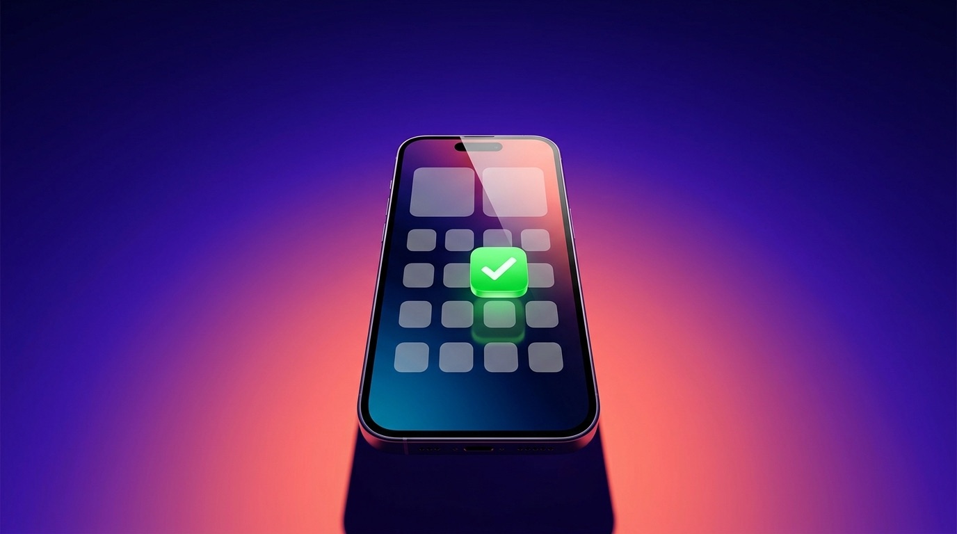 A smartphone on a bold violet-to-coral background showing a grid of blank app tiles with one lit and selected by a green checkmark, standing for choosing the right ticketing platform among alternatives