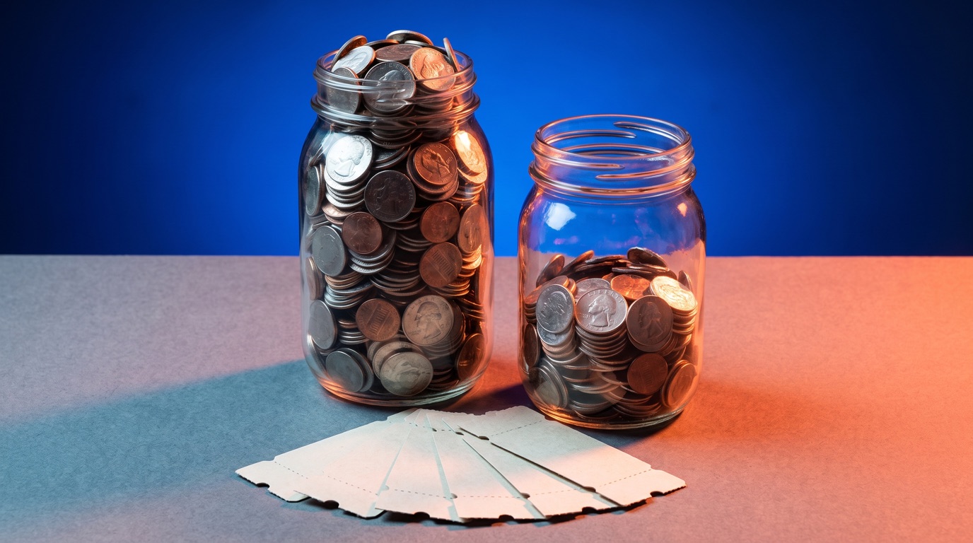 Two clear glass jars of loose coins side by side, one brimming full and the other only a third full, with a fan of blank event ticket stubs at their base against a blue-to-coral studio backdrop