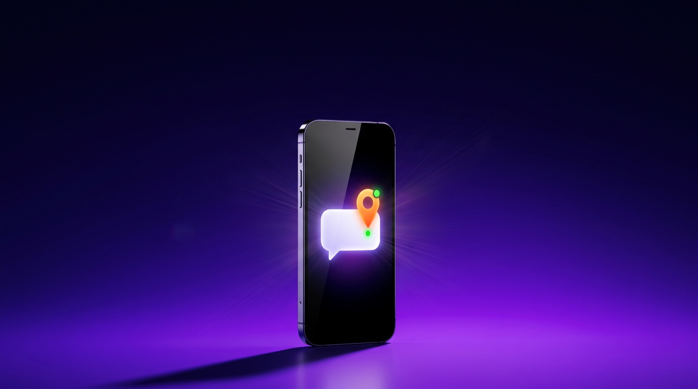 A smartphone standing upright against a deep electric-blue-to-violet gradient, its screen glowing with a single blank answer bubble and a bright location pin icon rising out of it, suggesting an event being surfaced as a direct AI answer