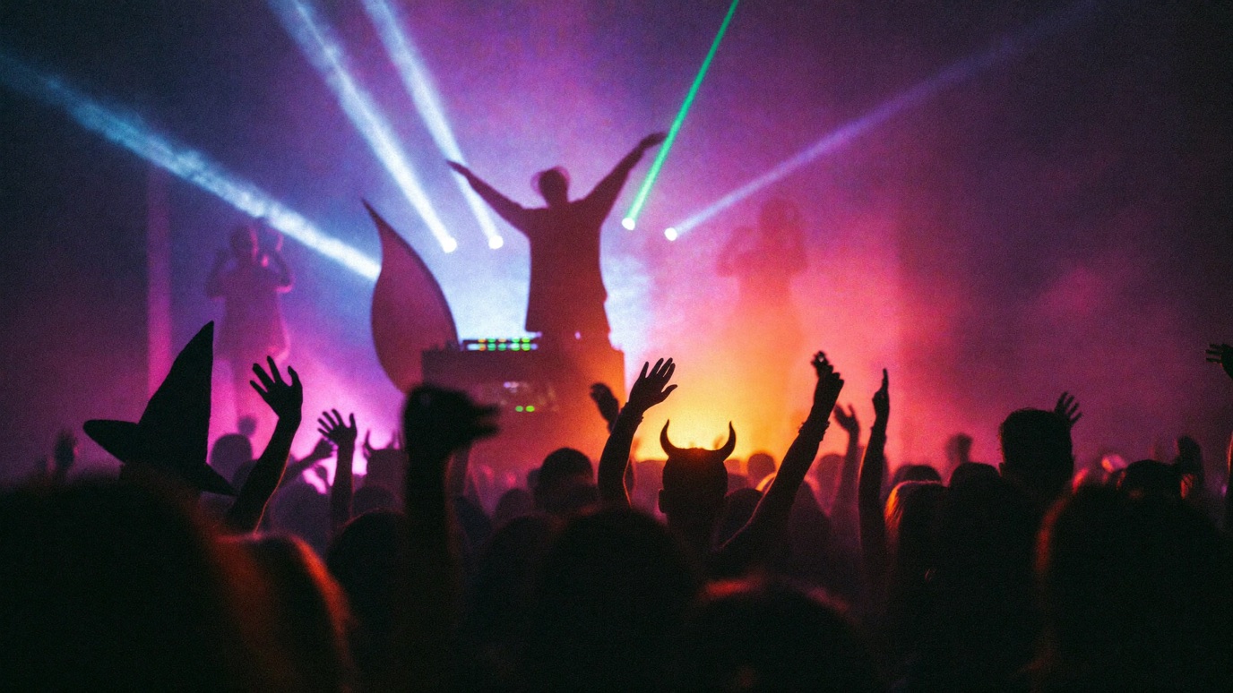 A packed dance floor shot from behind the crowd, with costumed silhouettes including a pointed witch hat and devil horns and dozens of raised arms, facing a caped DJ silhouette with arms spread wide behind a lit booth, under purple and orange haze cut by white beams and a single green laser