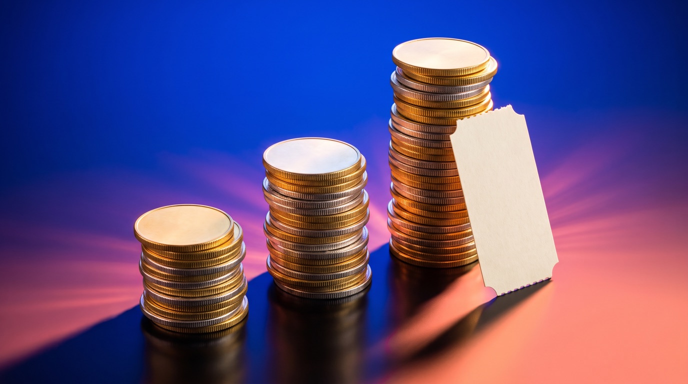 Three ascending stacks of plain gold and silver coins beside a blank paper ticket stub on a glossy dark surface, lit against a deep blue-to-coral gradient with light streaks fanning out behind them