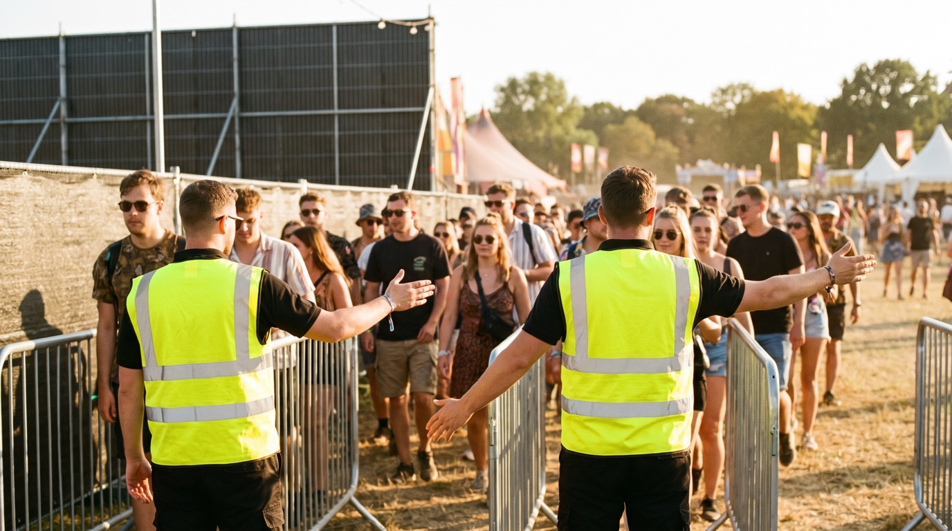 Event security staff in high-visibility vests calmly directing a crowd through barrier lanes at an outdoor festival entrance gate in bright afternoon light, shot from behind the staff