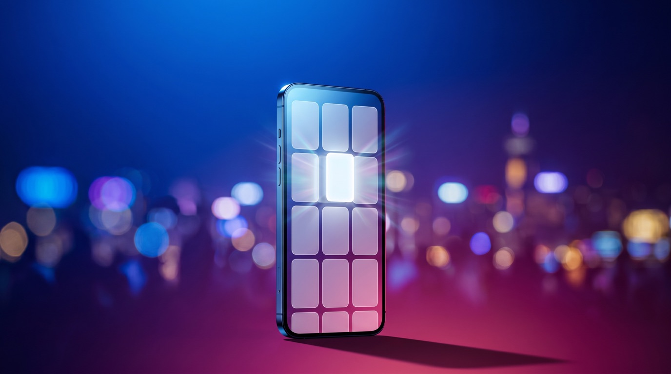 A smartphone held upright against an electric blue-to-magenta gradient, its screen glowing with a grid of blank event-card tiles and one tile lifting brighter out of the grid, suggesting a single event surfacing to the top of a busy marketplace feed