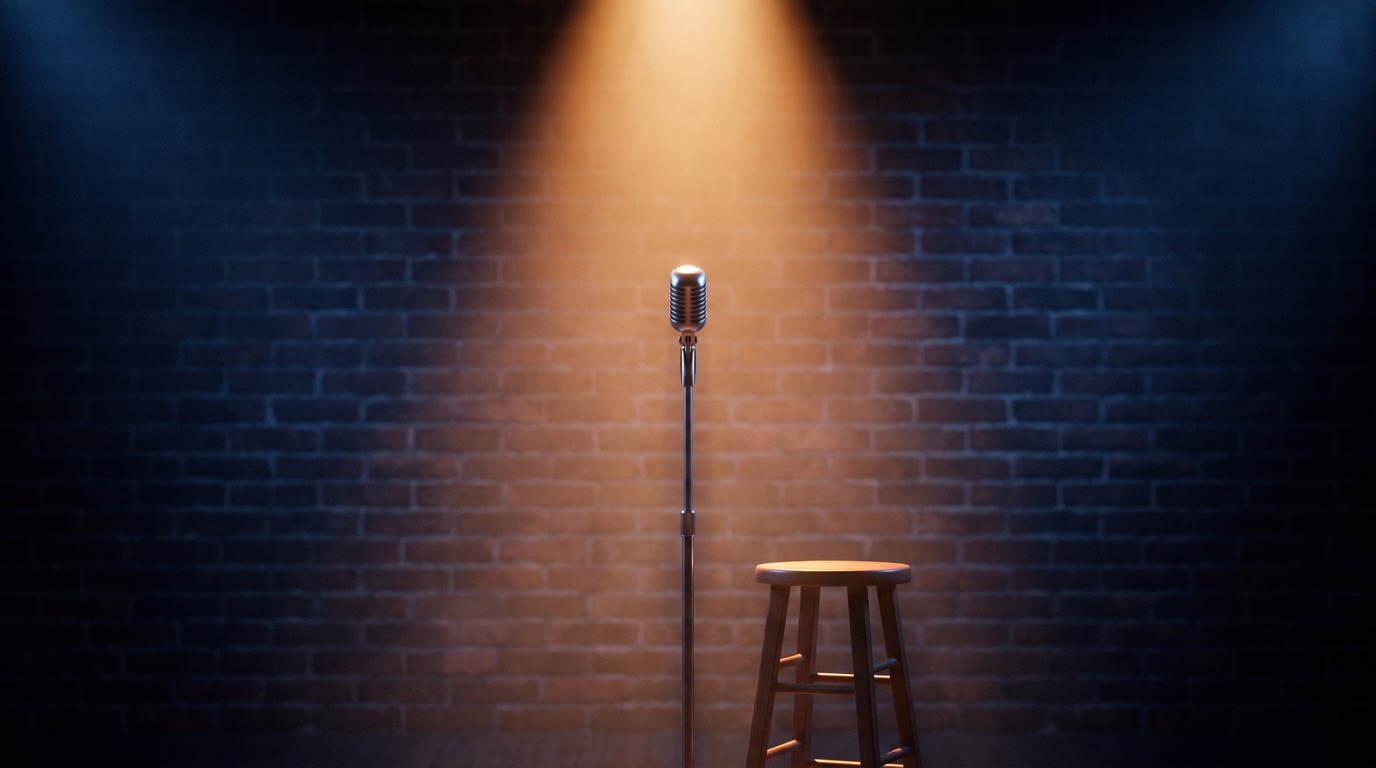 A single vintage microphone on a stand under a hard spotlight on an empty comedy club stage, brick back wall in warm shadow, one stool beside it