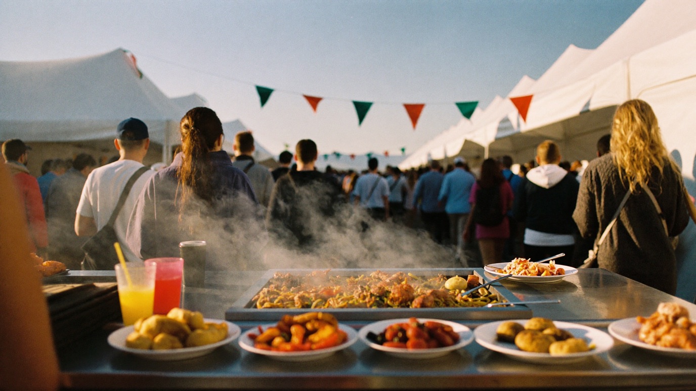 An over-the-counter view at an outdoor food festival: plates of colorful food and two bright drinks on a stainless vendor counter, a steaming griddle, and a dense crowd seen from behind moving down an aisle of plain white tents under strings of triangular bunting in warm afternoon light
