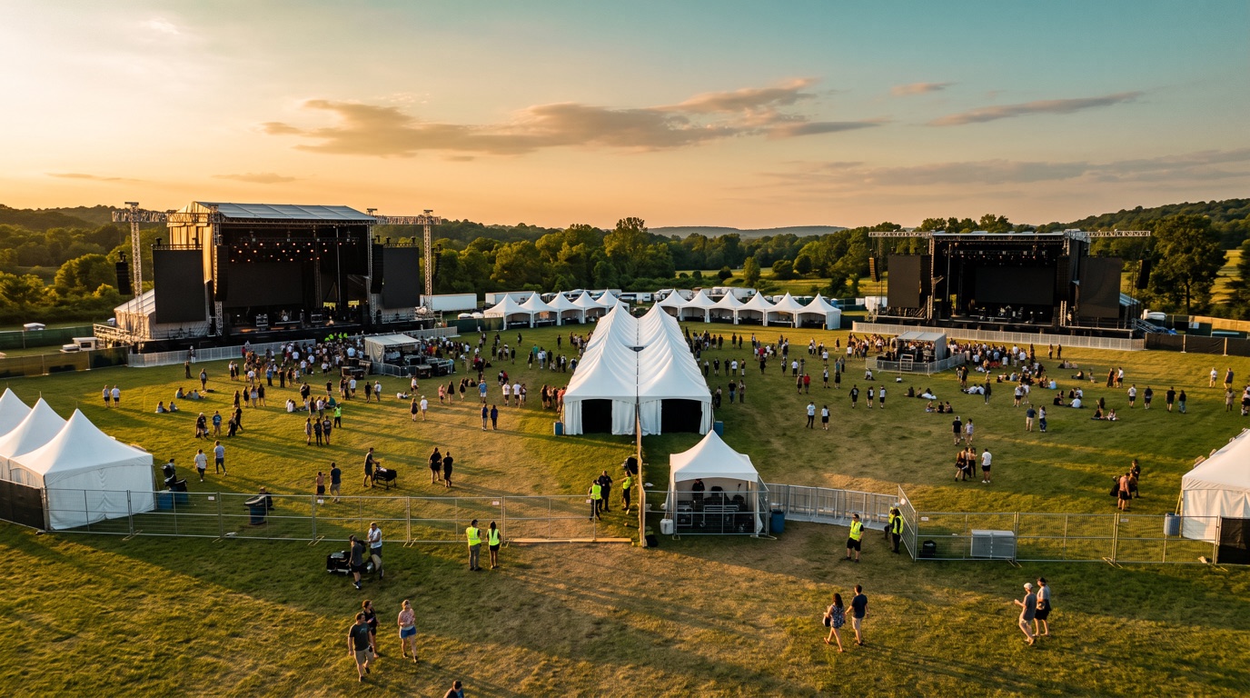 A mid-size outdoor festival site at golden hour seen from a high angle, two large stages with blank dark screens at opposite ends, rows of white vendor tents, temporary fencing and a staffed entry gate, and a scattered early crowd casting long shadows