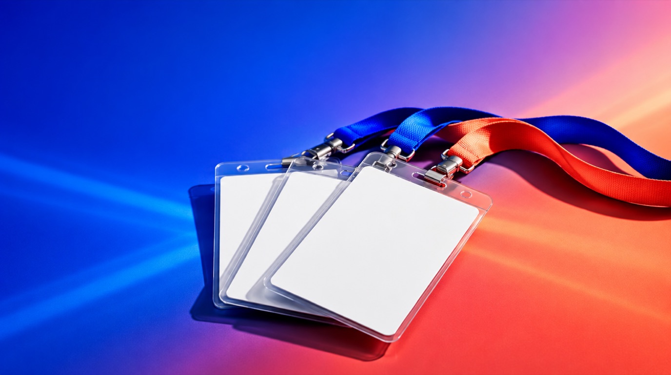 Three blank white conference badges in clear plastic holders on blue and orange lanyards, fanned out on a surface lit by a deep blue-to-coral gradient with soft light streaks, premium product-style still life