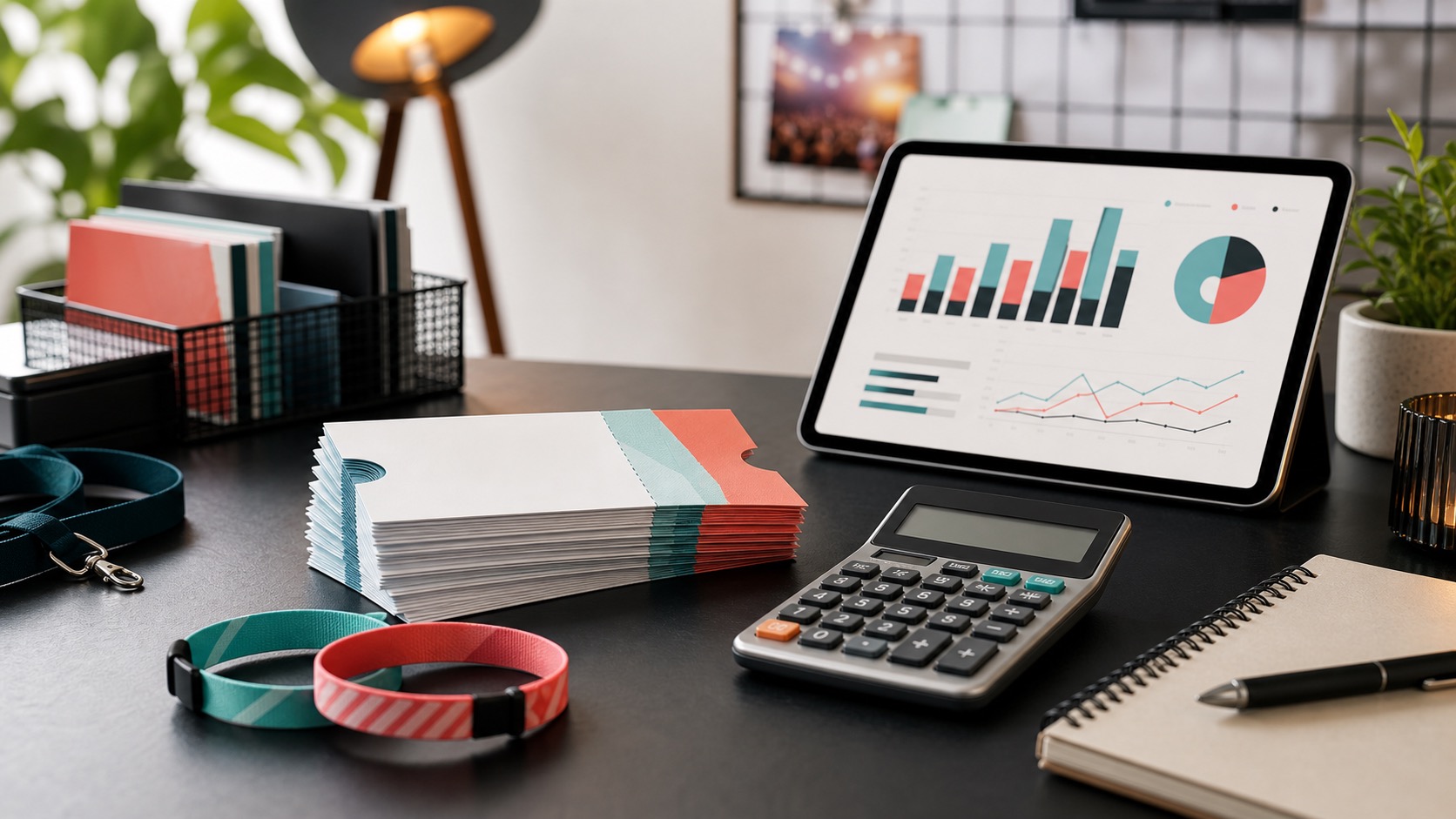 Event tickets, pricing chart, calculator, and wristbands on an organizer desk