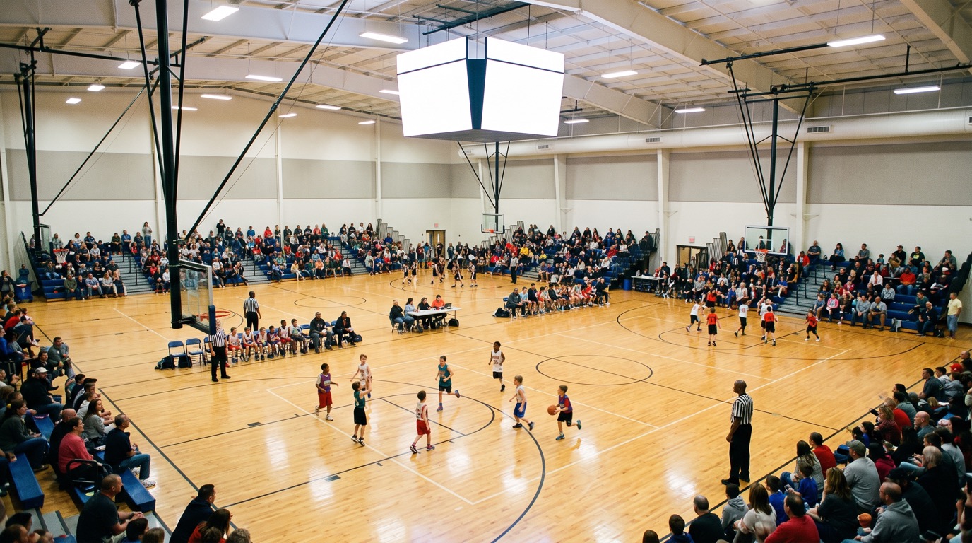 A youth basketball tournament inside a large field house with two side-by-side courts in play and spectators filling the bleachers, bright overhead gym light, shot wide from an upper corner