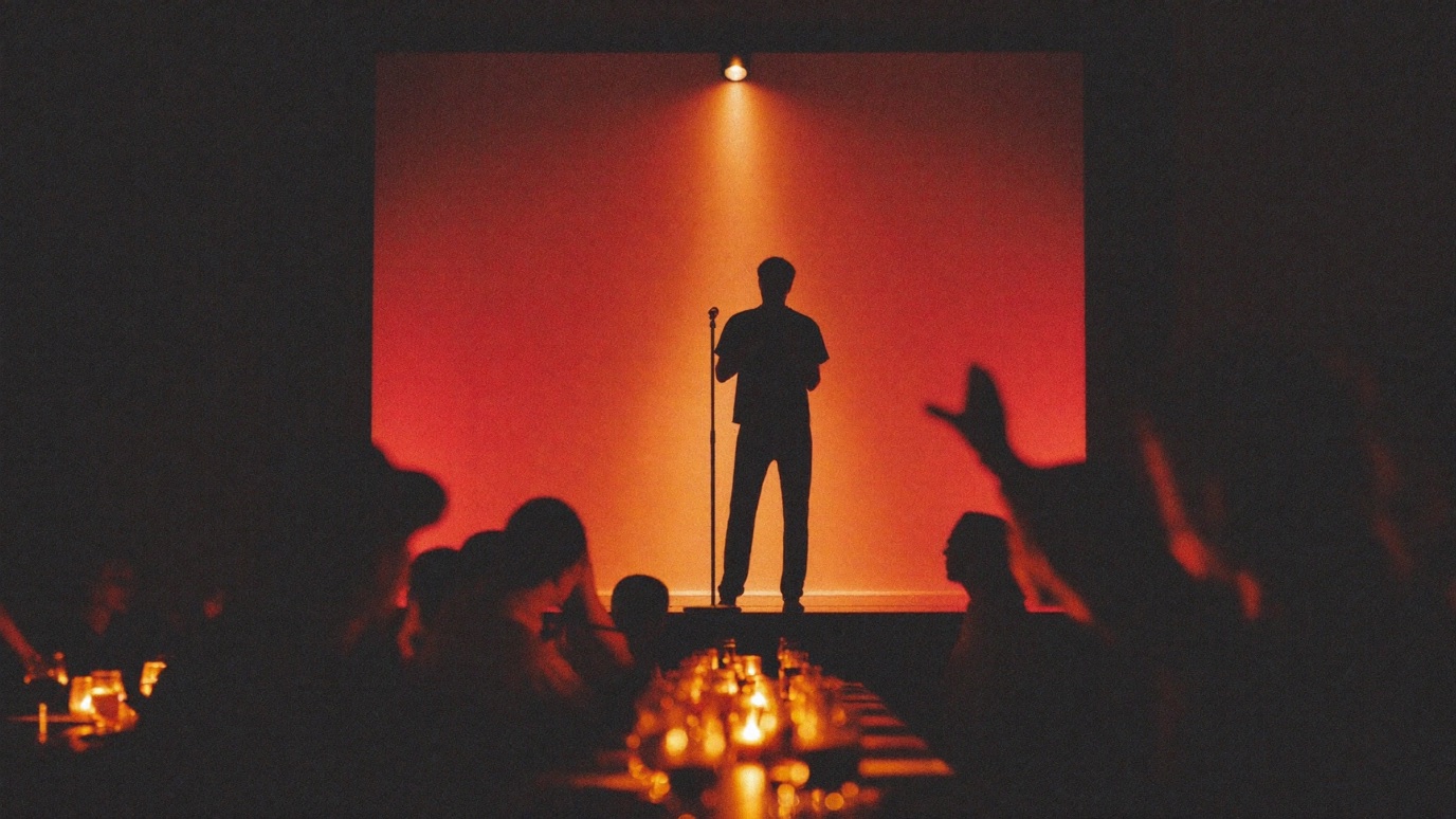 A comedian in silhouette on a small spotlit club stage seen from behind a full room of cabaret tables with drinks, warm stage light and a red back wall