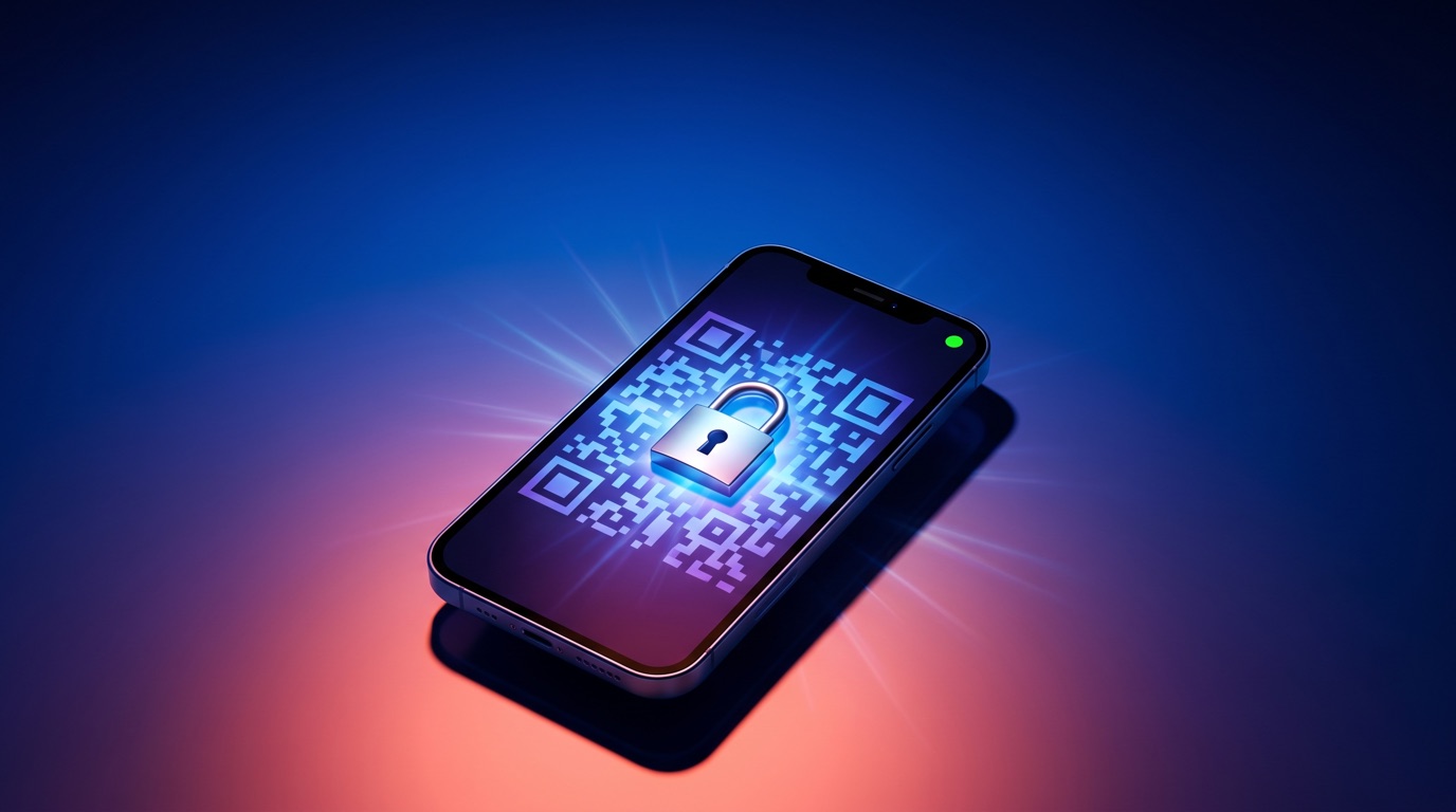 A single smartphone lying at an angle on a bold blue-to-coral gradient background, its screen showing a glowing QR code with a metallic padlock locked over the center and light streaks radiating behind it