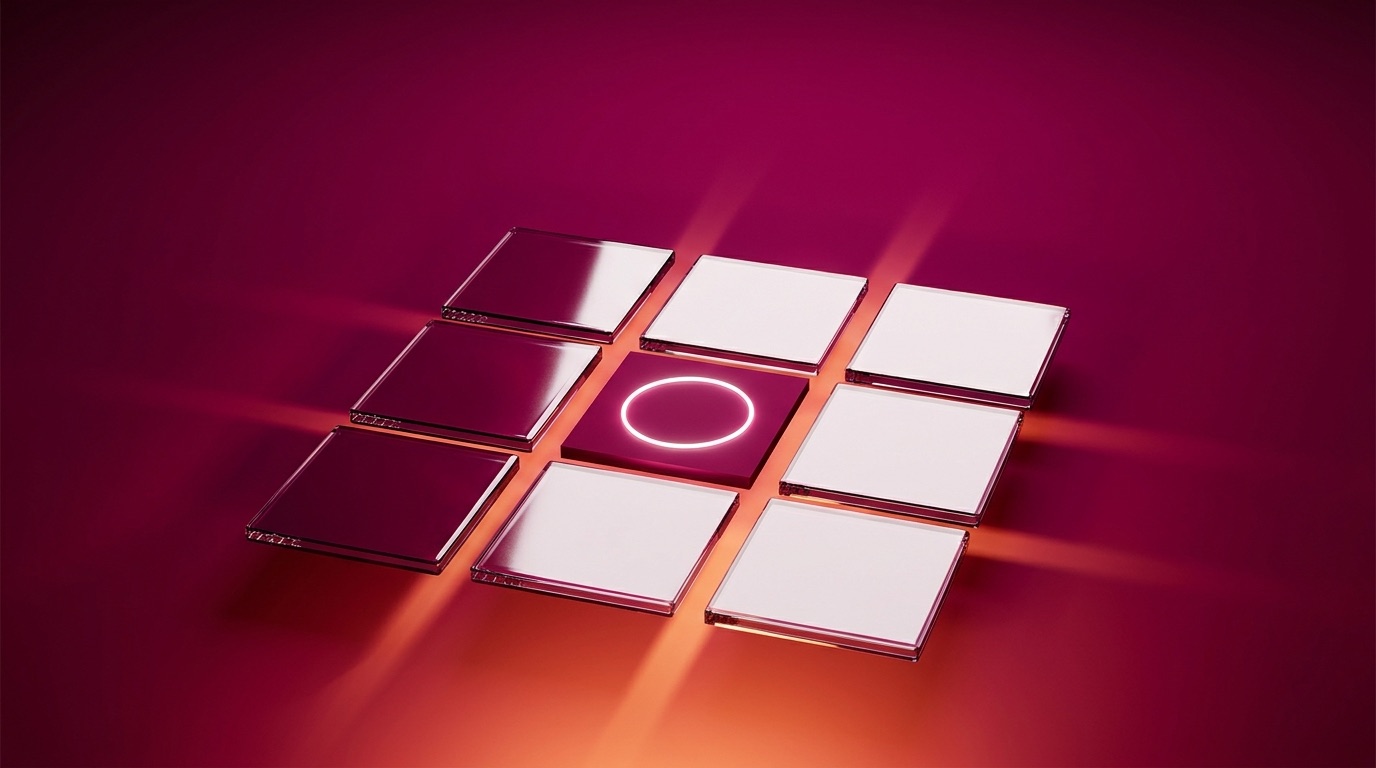 A three-by-three grid of blank glass square tiles laid out on a diagonal, five of them bright white and three dark magenta, with the center tile glowing with a single white circular countdown ring, on a deep magenta to warm orange surface crossed by warm light streaks