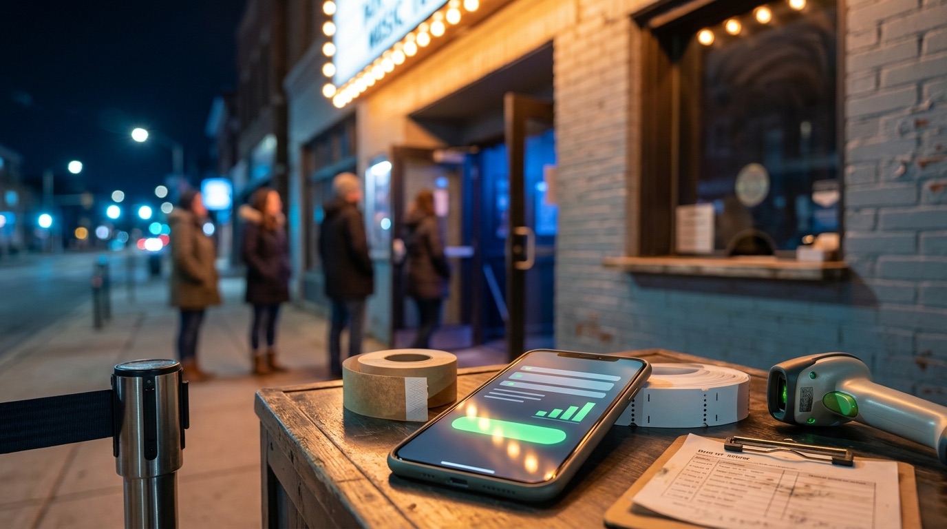 Venue entrance at night with stanchions and a growing line under warm marquee light, a phone in the foreground showing an abstract campaign send screen, cool blue city light behind