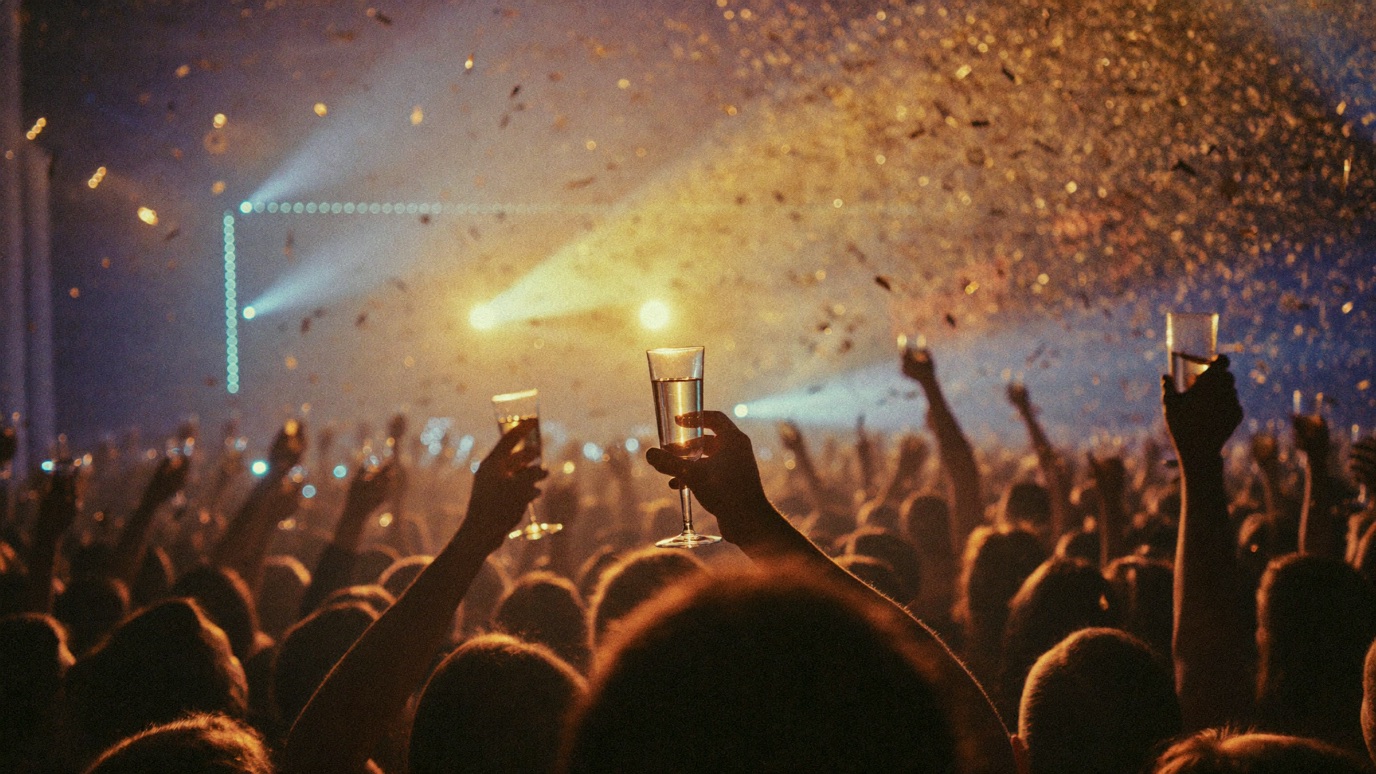 A packed countdown party seen from behind the crowd, confetti falling through blue and gold light with dozens of raised arms and champagne glasses lifted mid-toast toward a bright stage