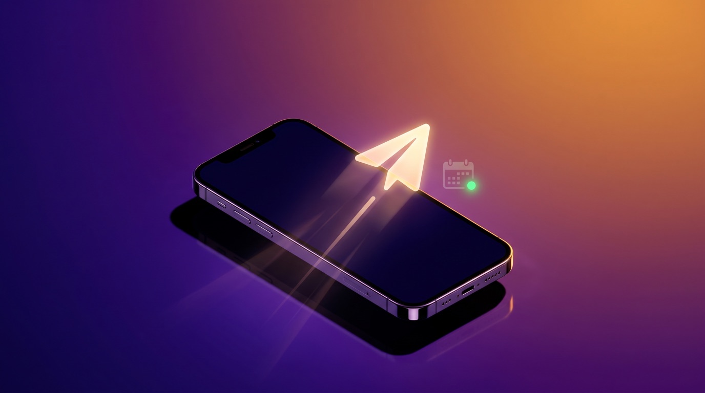 A glowing paper-airplane send icon lifting off a smartphone with a light trail, a legible calendar date glyph and a bright green indicator dot floating beside it, against a bold indigo-to-amber gradient, shot as a premium still-life for a post-event follow-up article