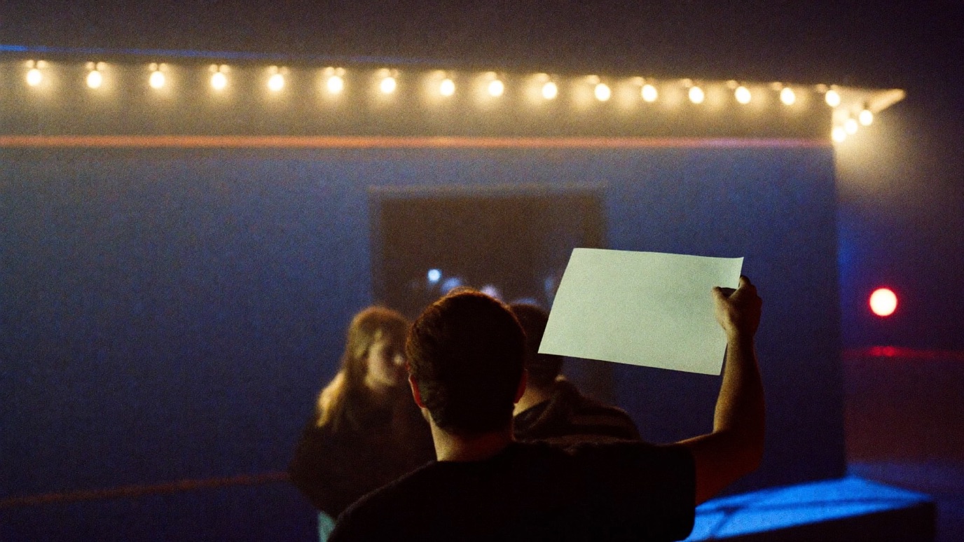 A promoter seen from behind in silhouette holds up a plain blank flyer toward a small crowd gathered at the dark entrance of a venue, lit by a string of warm bulbs across the top with cool blue haze and a single red light accent behind