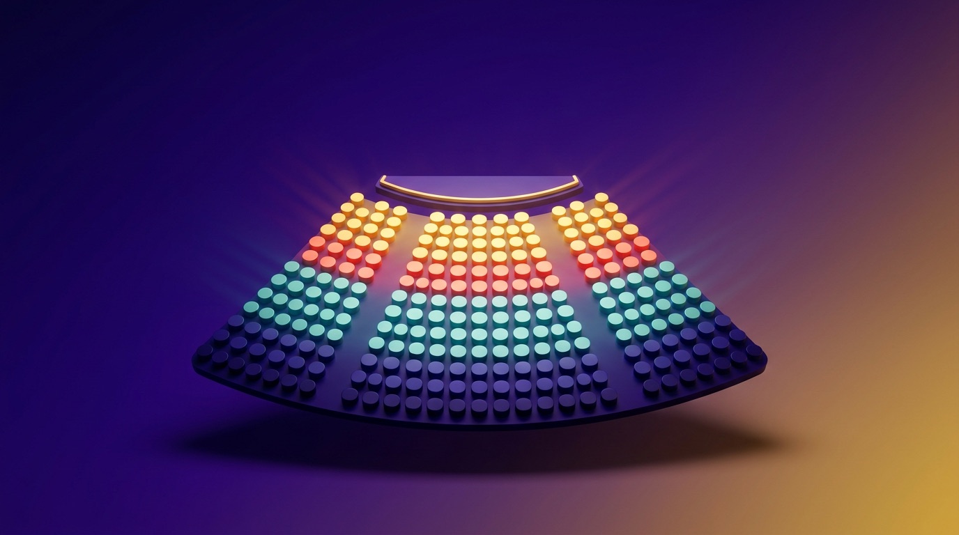 A stylized top-down theater seating chart of glowing seat dots in curved rows facing a stage arc, the front rows glowing gold and coral as premium seats, middle rows teal, and back rows deep indigo, against a royal-purple to gold gradient, showing priced seating zones by color