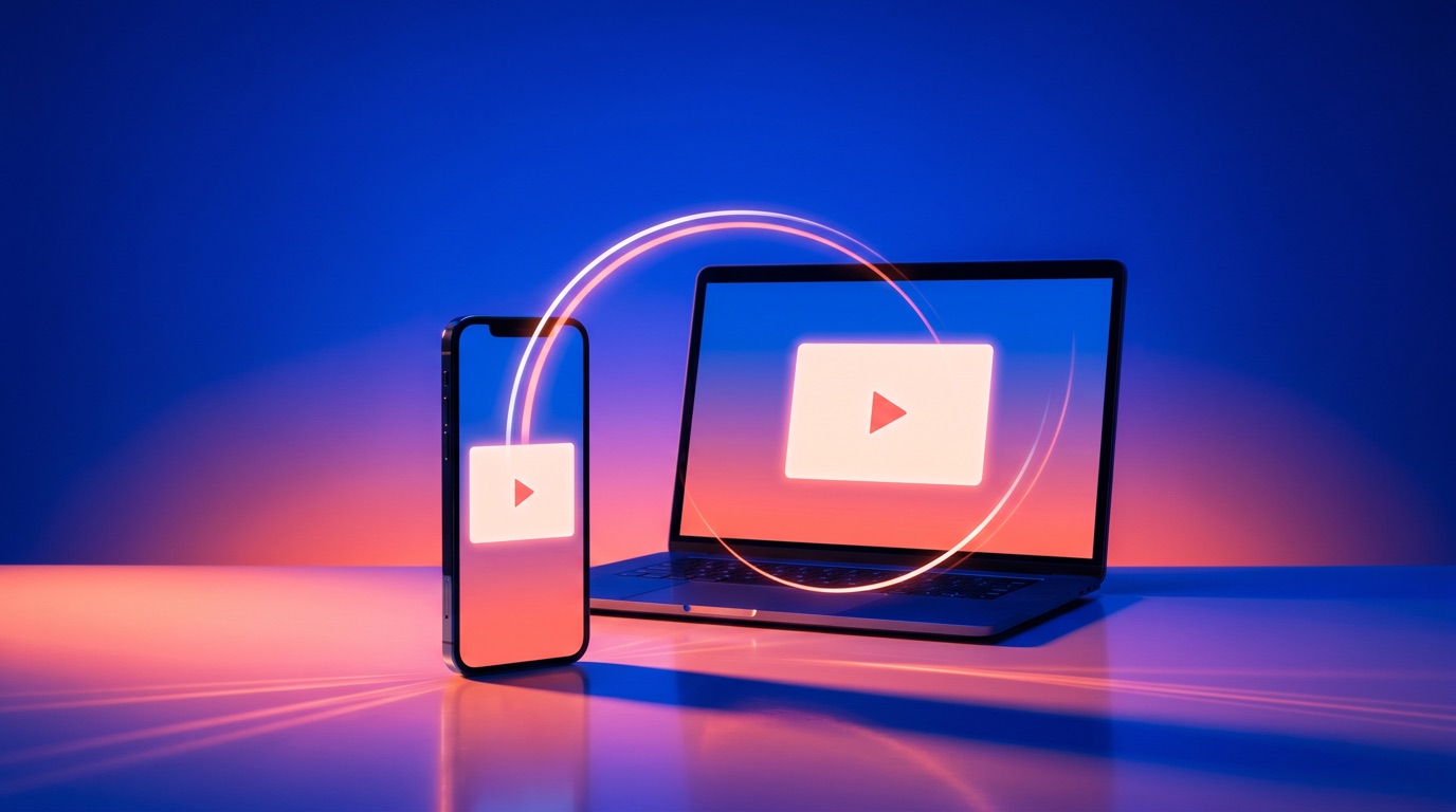A smartphone and an open laptop side by side on a saturated blue-to-coral gradient backdrop, each screen glowing with the same blank event-ad block, a thin bright arc of light looping from the phone back to the laptop to suggest the same ad following a visitor across devices