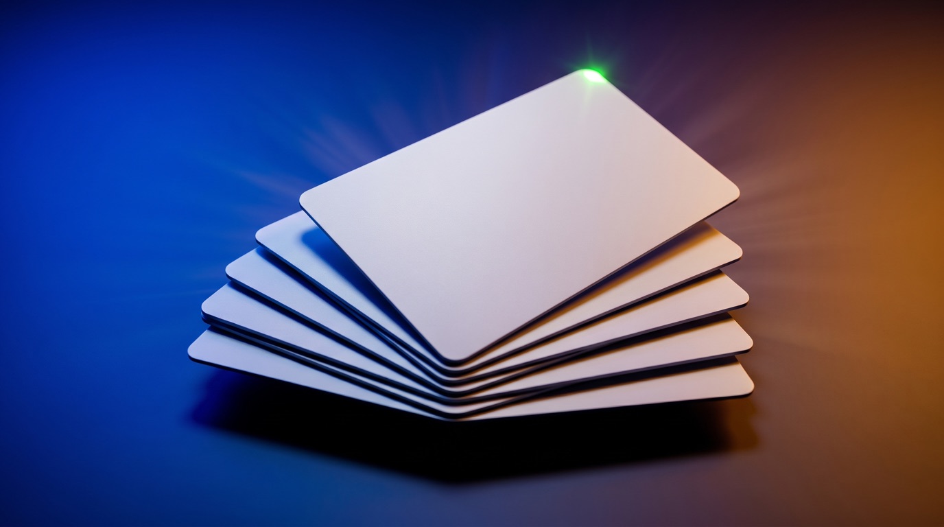 A short stack of blank matte membership cards fanned on a deep blue-to-amber gradient studio background under hard directional light, one card tilted up to catch a small green indicator glow, shot as a premium product still-life