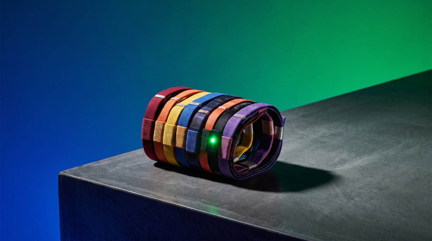 A tightly rolled coil of a dozen worn event wristbands in different colors resting on a concrete plinth, lit as a premium still-life against a blue-to-green gradient with a small green indicator light, suggesting one regular's collected nights out