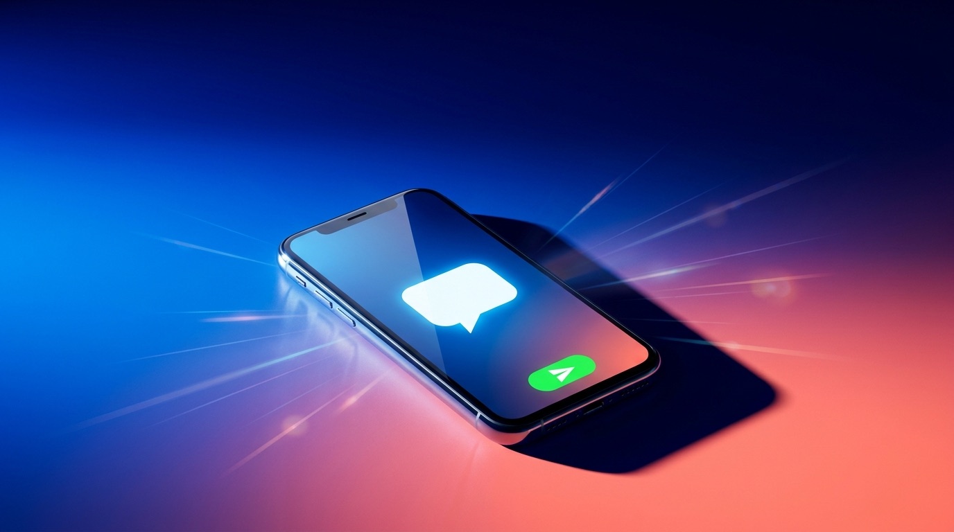 A single smartphone on a bold blue-to-coral background, its screen glowing with a message bubble and a green send button, light streaks radiating outward to suggest one text reaching a whole audience