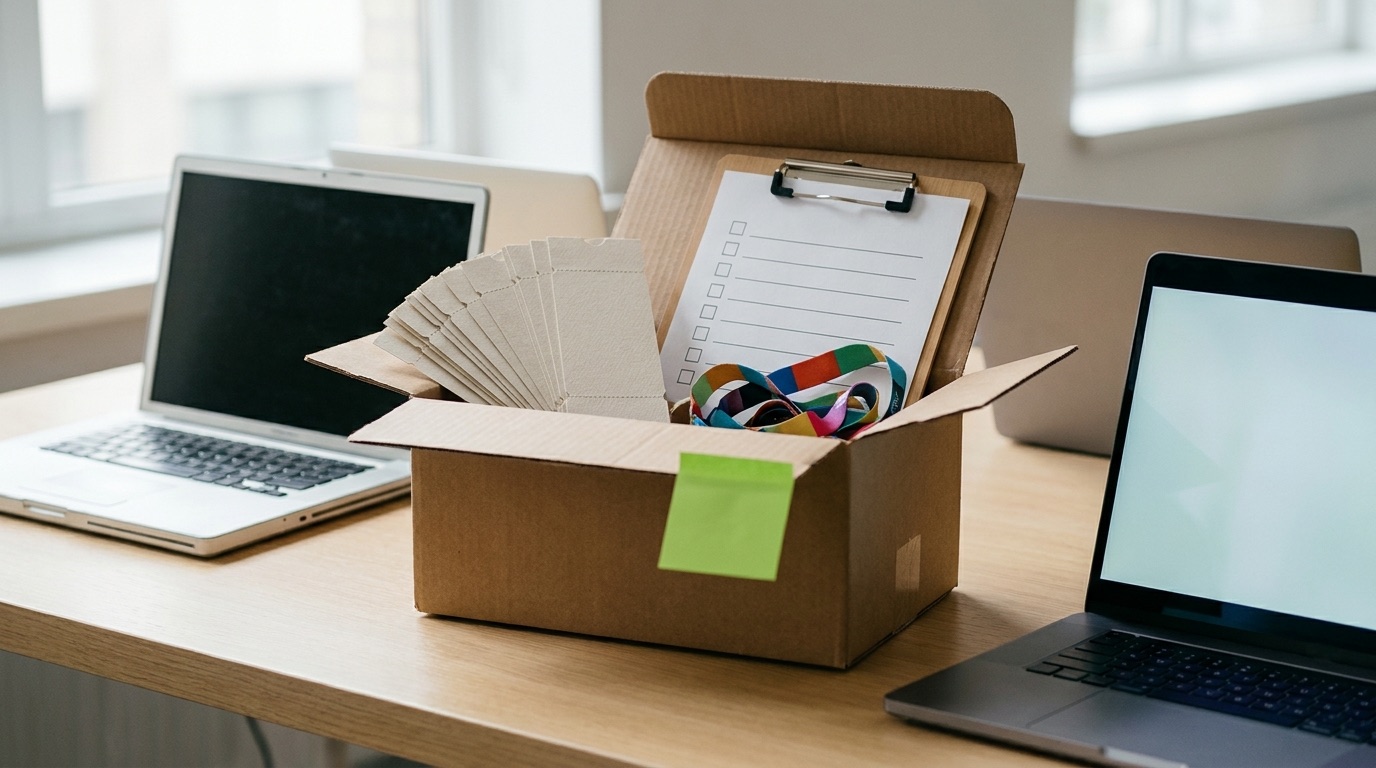 An open cardboard moving box packed with blank event ticket stubs, a colorful coiled wristband strip, and a plain clipboard with an empty checklist, sitting on a bright desk between an open older laptop with a dark screen and a newer laptop with a blank glowing screen, a small green sticky note on the box, representing moving an event business to a new ticketing platform