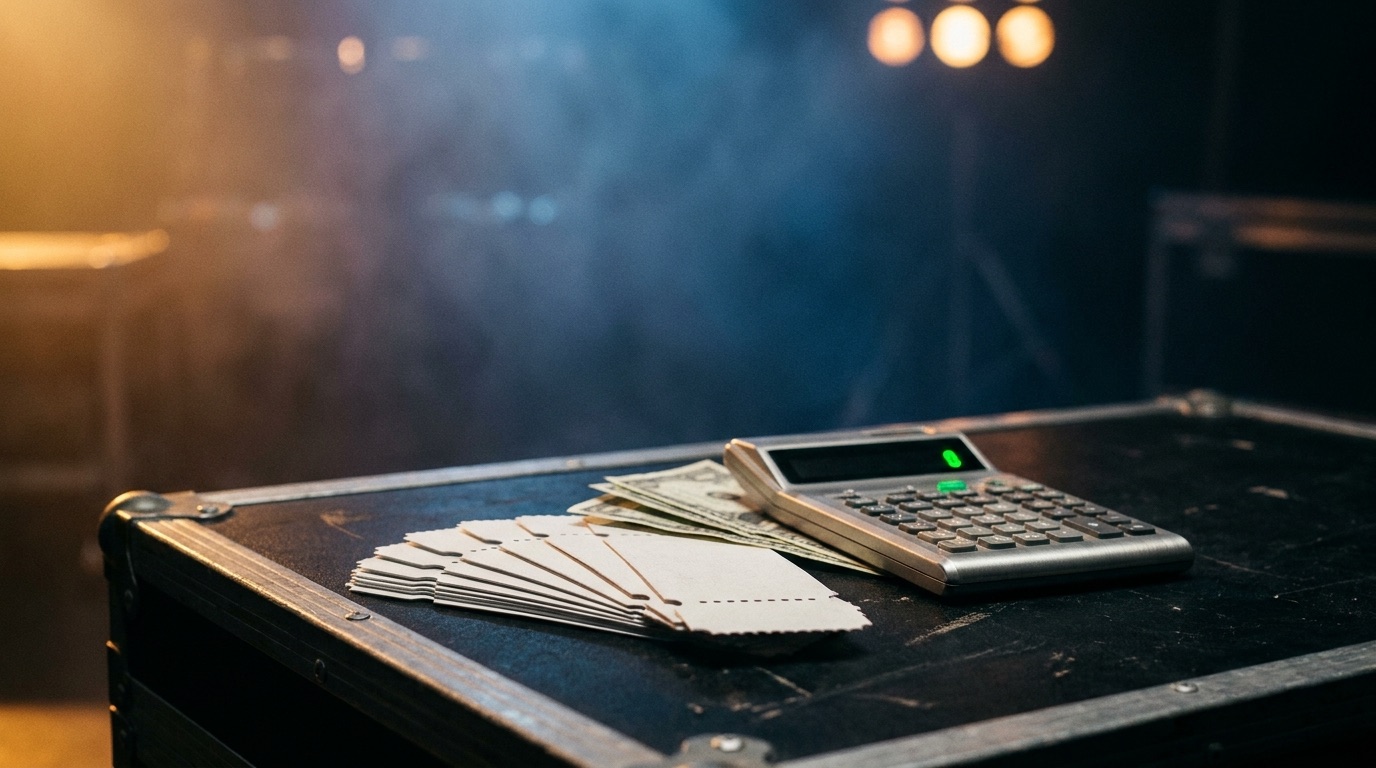 A fanned stack of blank event ticket stubs and a few US dollar bills next to a calculator on a matte-black road case backstage, with warm and cool stage lights glowing behind, representing the fees taken out of ticket sales