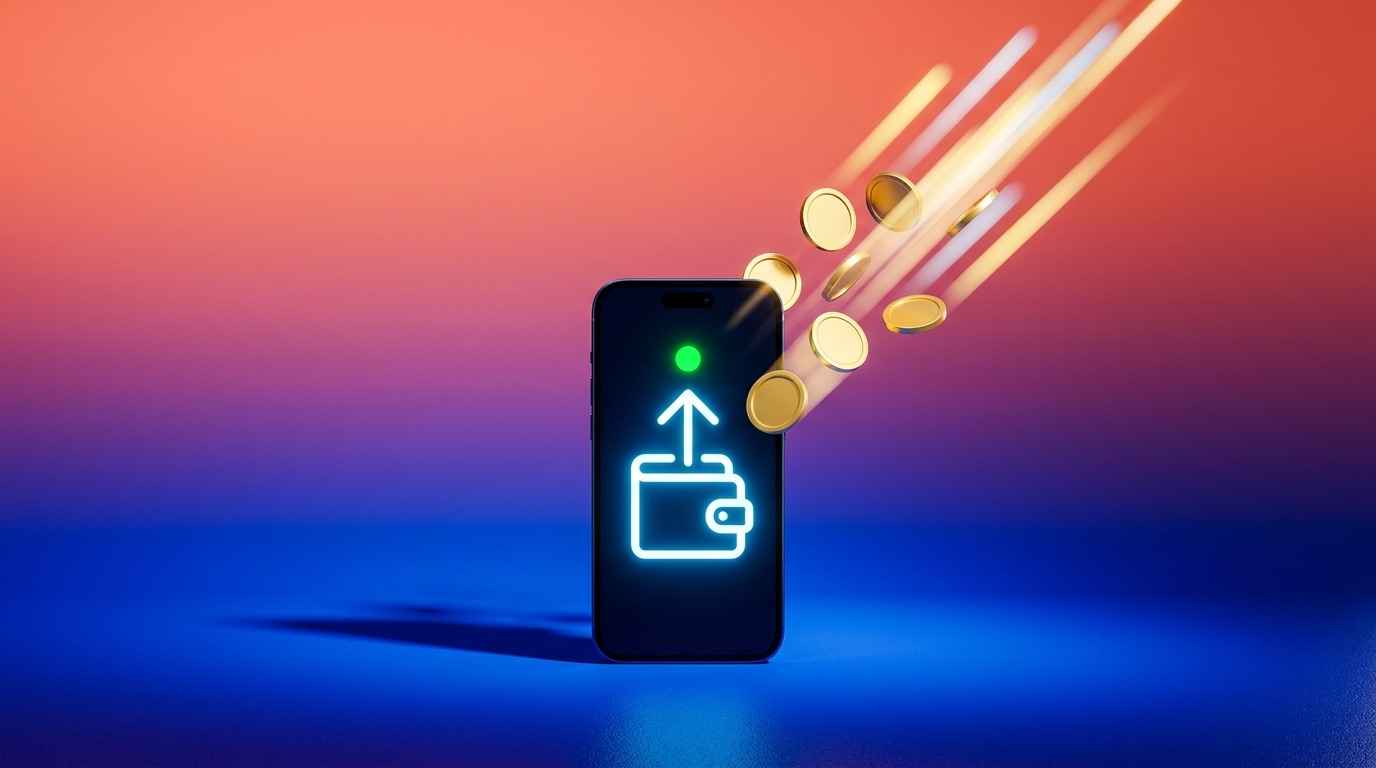 A smartphone glowing with a wallet-and-upward-arrow icon and a green indicator, gold coins streaking out of it toward the upper corner against a bold blue-to-coral gradient