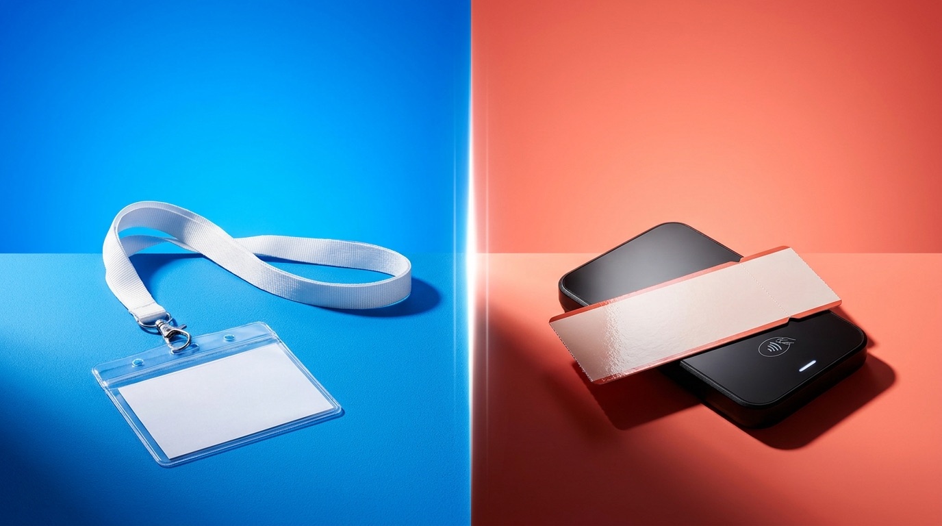 Two objects on a split blue-to-coral color field: a plain blank RSVP badge on the left and a ticket stub resting on a card reader on the right, dramatic studio light, no text or logos