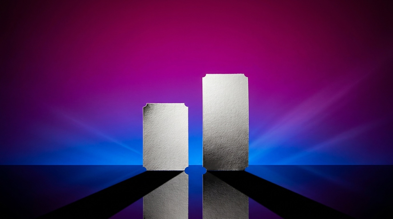 Two ticket stubs standing upright side by side on a reflective surface against a deep magenta-to-blue gradient, one taller than the other, no text or logos