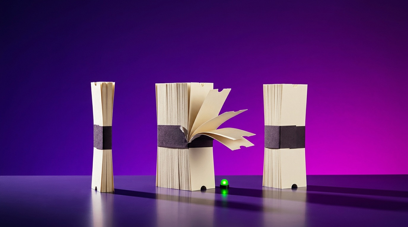 Three charcoal-banded bundles of blank cream ticket stock of visibly different thicknesses standing on a dark reflective surface against a deep violet-to-magenta gradient, the thick middle bundle's band split open with notched stubs fanning out and a small green indicator light glowing beside it
