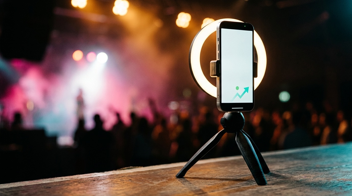 A smartphone mounted vertically on a small black tripod with a glowing warm ring light behind it, standing on a wooden stage edge, its bright screen showing a single teal upward-trending arrow, with pink and white stage haze and blurred crowd silhouettes behind
