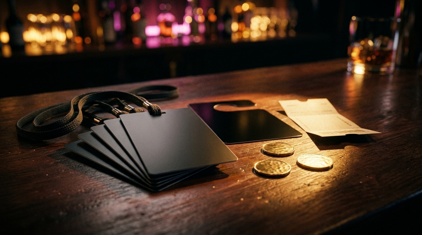 A fanned stack of blank matte-black VIP laminates on braided lanyards beside a blank parking hang-tag, three brass drink tokens, and a folded blank cream ticket stub on a dark polished nightclub bar, lit by a warm raking key light with amber and magenta bokeh behind