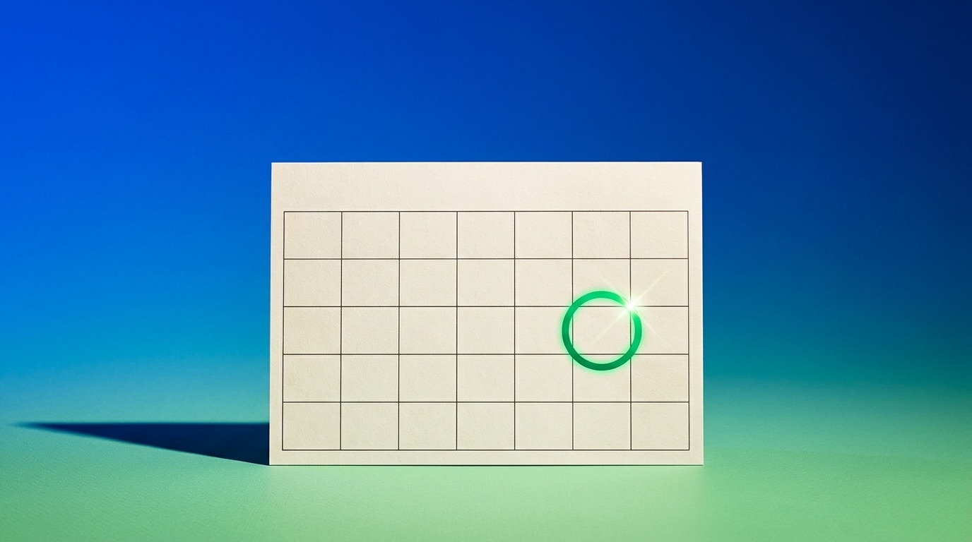 A clean calendar on a bold blue-to-green background with a single day marked by a glowing green ring, standing for the chosen on-sale date