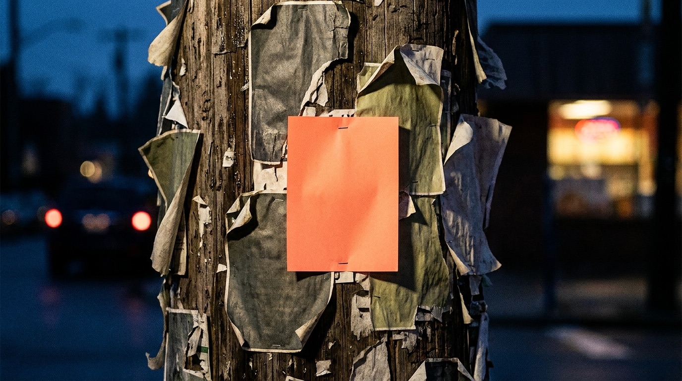 A weathered wooden utility pole densely layered with torn, weather-faded blank flyers in sage green and gray, with one crisp bright coral flyer freshly stapled at the center, against a blurred blue-hour city street with car taillights and a warm storefront glow behind